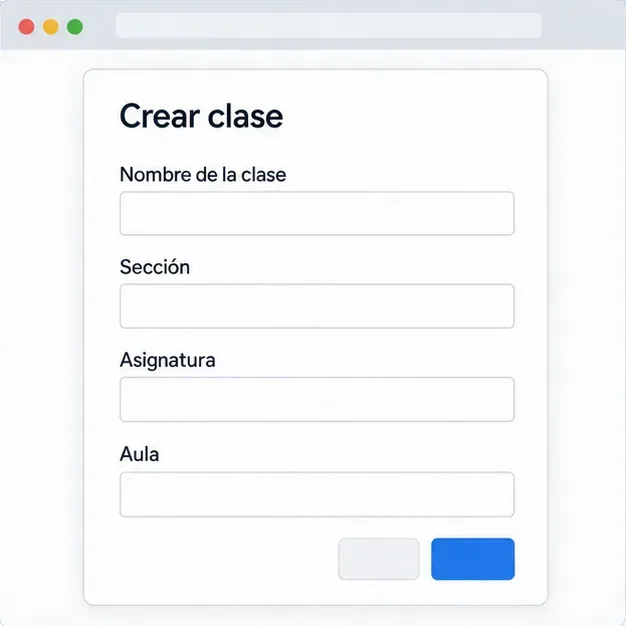Formulario conceptual Crear clase con campos para nombre de la clase, sección, asignatura y aula