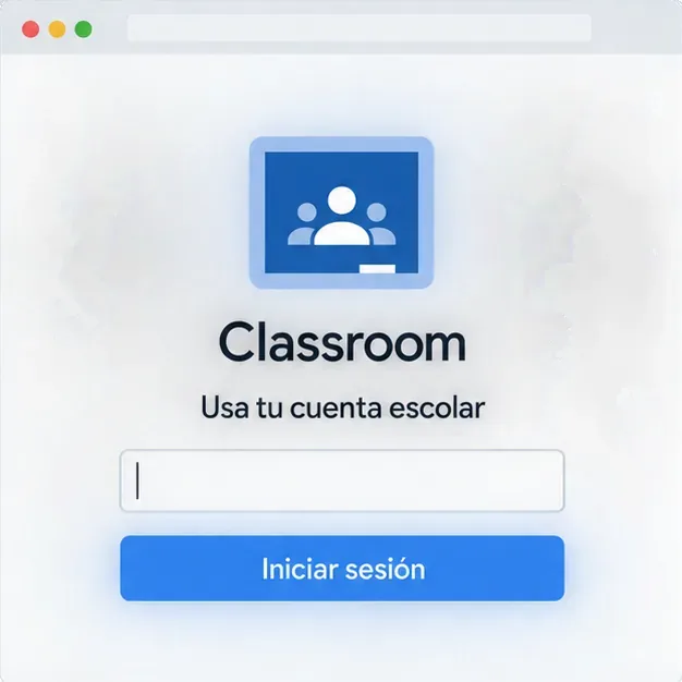 Pantalla conceptual de acceso a Classroom con el nombre de la aplicación, un campo para la cuenta escolar y el botón Iniciar sesión