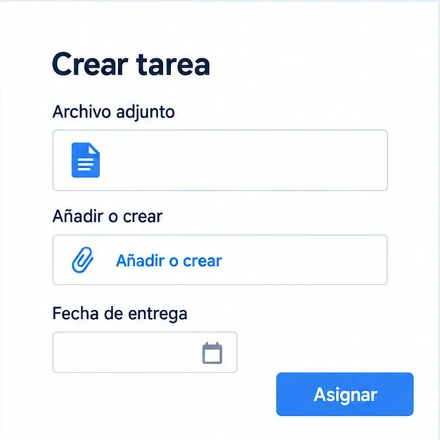 Formulario conceptual de tarea con un archivo adjunto, la opción Añadir o crear, un campo Fecha de entrega y el botón Asignar
