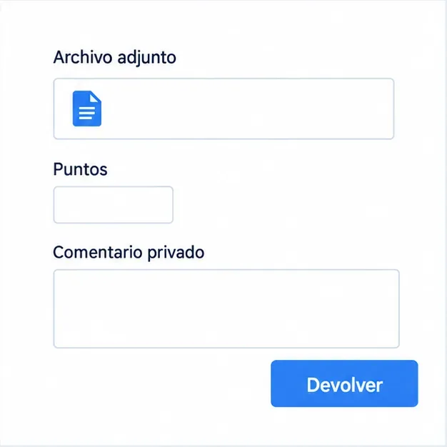 Vista conceptual de revisión docente con un archivo adjunto, campos Puntos y Comentario privado, y el botón Devolver