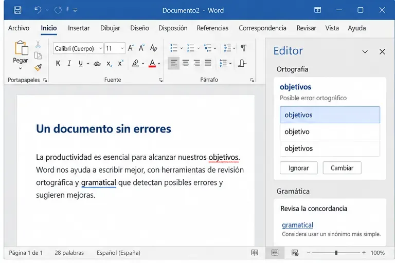 Panel Editor de Word mostrando sugerencias de ortografía y gramática junto a un documento en español