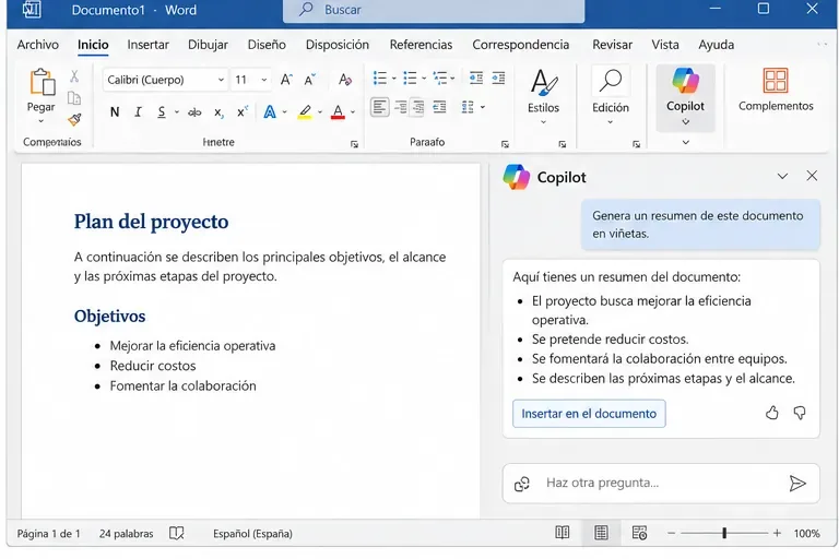 Panel de Copilot en Word junto a un documento de proyecto, con una solicitud de resumen y una respuesta en viñetas