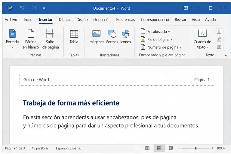 Pestaña Insertar de Word con las opciones Encabezado, Pie de página y Número de página visibles