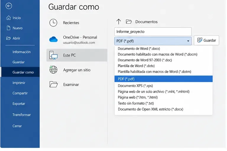 Pantalla Guardar como de Word con PDF seleccionado como tipo de archivo