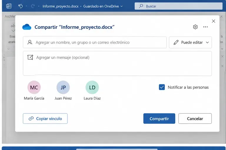 Cuadro Compartir de Word con campo para personas o correo, permisos de edición y opción Copiar vínculo