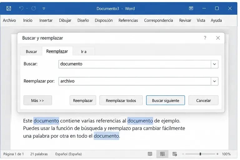 Cuadro Buscar y reemplazar de Microsoft Word con los campos Buscar y Reemplazar por