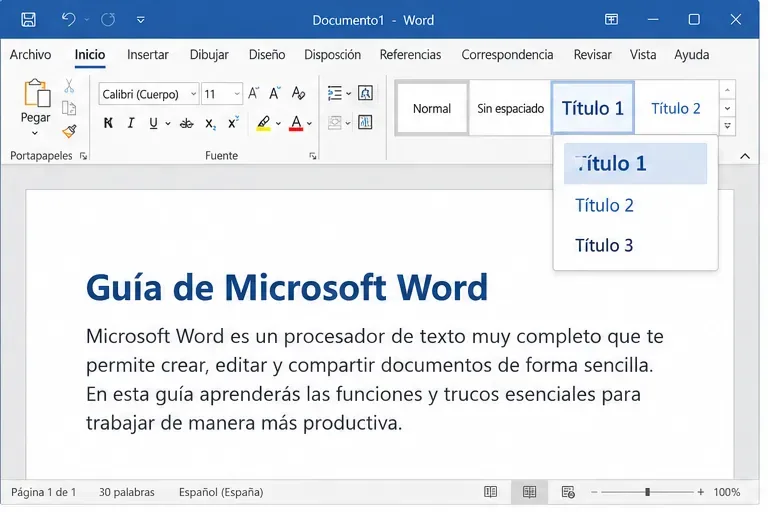 Ventana de Microsoft Word en español con la galería de estilos abierta y Título 1 seleccionado