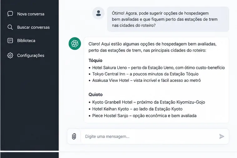 Tela ilustrativa de uma conversa em que o usuário faz uma pergunta de acompanhamento sobre hospedagem perto de estações de trem