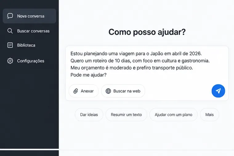 Tela ilustrativa de conversa com um pedido detalhado para planejar uma viagem ao Japão, incluindo duração, interesses, orçamento e transporte