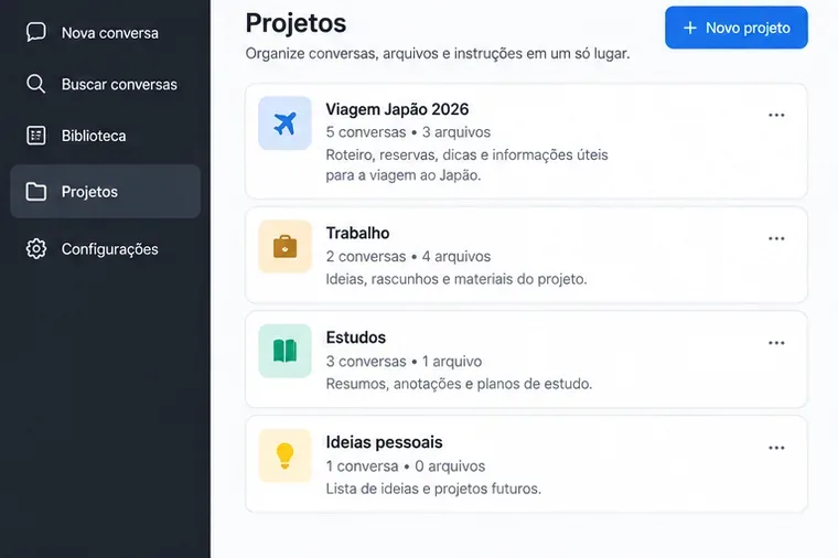 Tela ilustrativa da área de Projetos mostrando espaços separados para viagem, trabalho, estudos e ideias pessoais