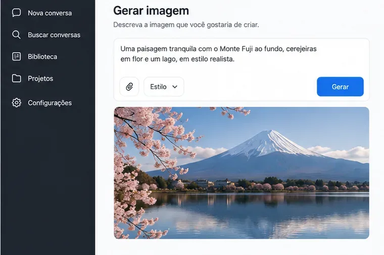 Tela ilustrativa de criação de imagem com um pedido para mostrar o Monte Fuji, cerejeiras e um lago em estilo realista
