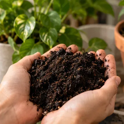 Hands holding a mound of dark finished compost in front of healthy green houseplants