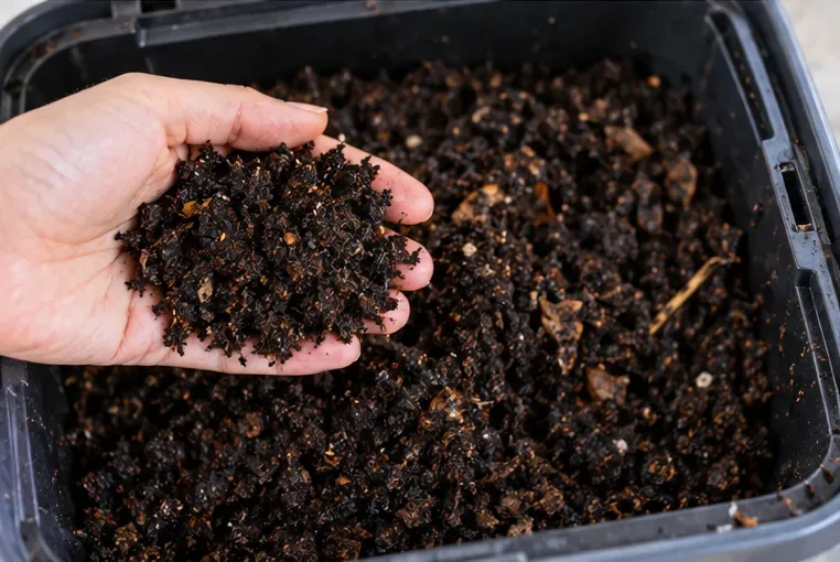 A hand holding dark, crumbly finished compost above a small indoor compost container