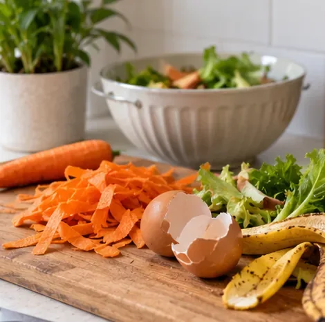 Vegetable peels, eggshells, leafy trimmings and a banana peel sorted on a cutting board in a bright apartment kitchen