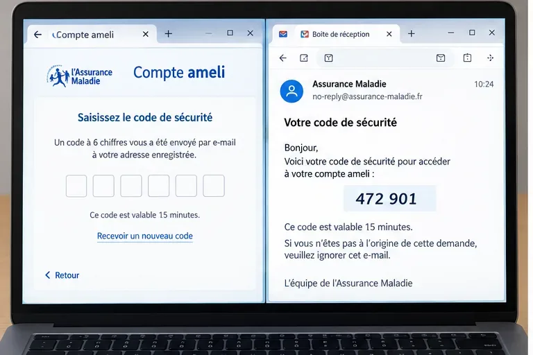 Illustration d’un navigateur avec deux fenêtres côte à côte, l’une pour le compte ameli et l’autre pour consulter le code reçu par e-mail