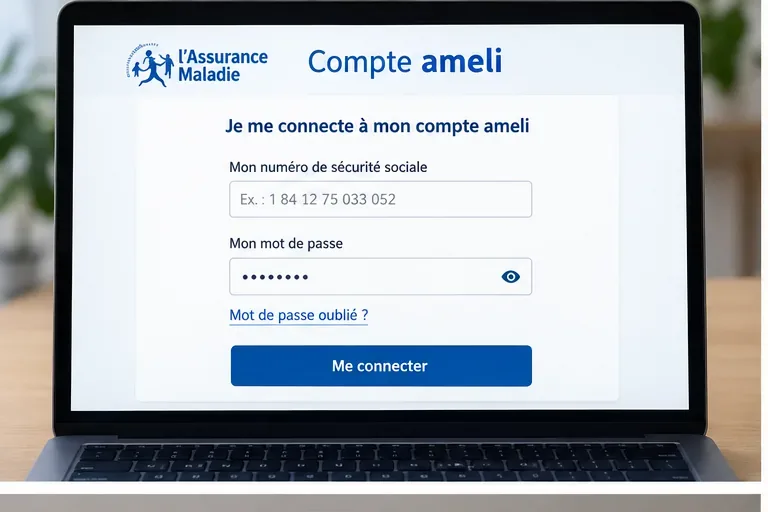 Illustration d’un écran de connexion au compte ameli avec numéro de sécurité sociale, mot de passe et lien Mot de passe oublié