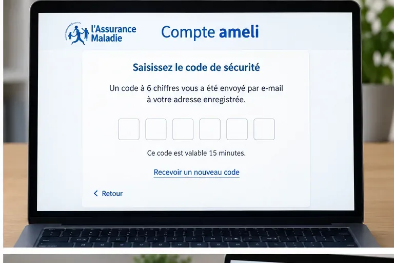 Illustration d’un écran compte ameli demandant un code de sécurité à six chiffres et proposant de recevoir un nouveau code