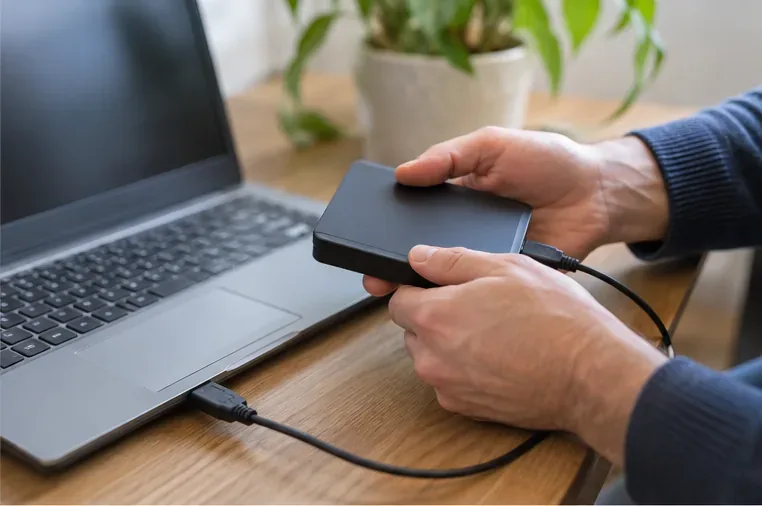 Handen sluiten een externe harde schijf aan op een laptop om bestanden te bewaren voordat een oude computer wordt weggevoerd