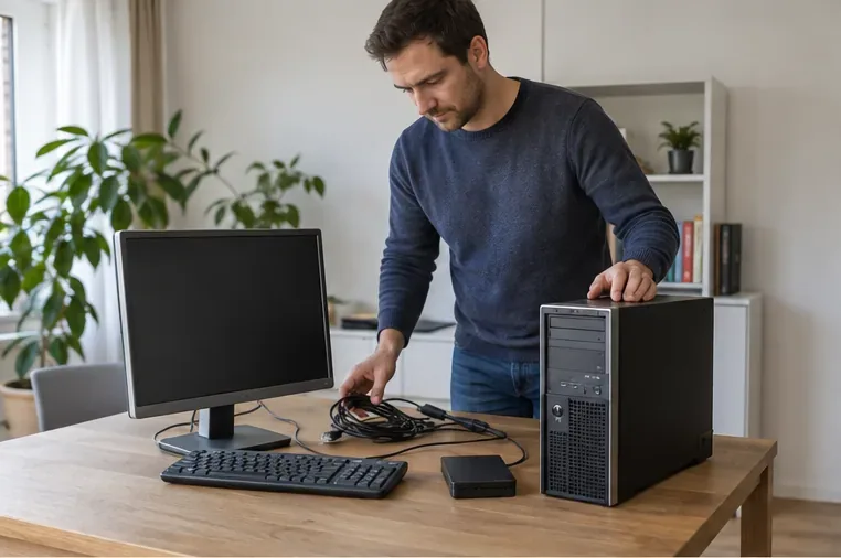 Een persoon sorteert een oude desktopcomputer, monitor, toetsenbord en kabels op een tafel thuis