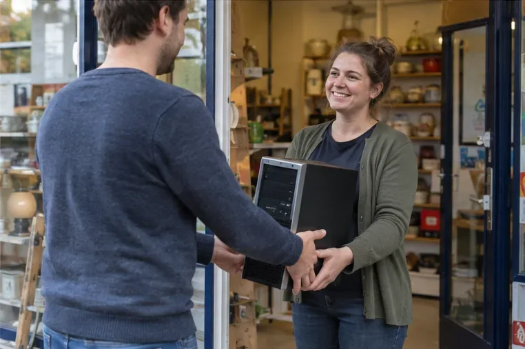Een persoon overhandigt een oude maar complete desktopcomputer aan een medewerker van een kringloopwinkel