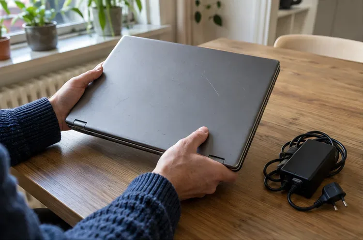 Handen houden een gesloten oude laptop boven een houten tafel met de voedingsadapter ernaast.