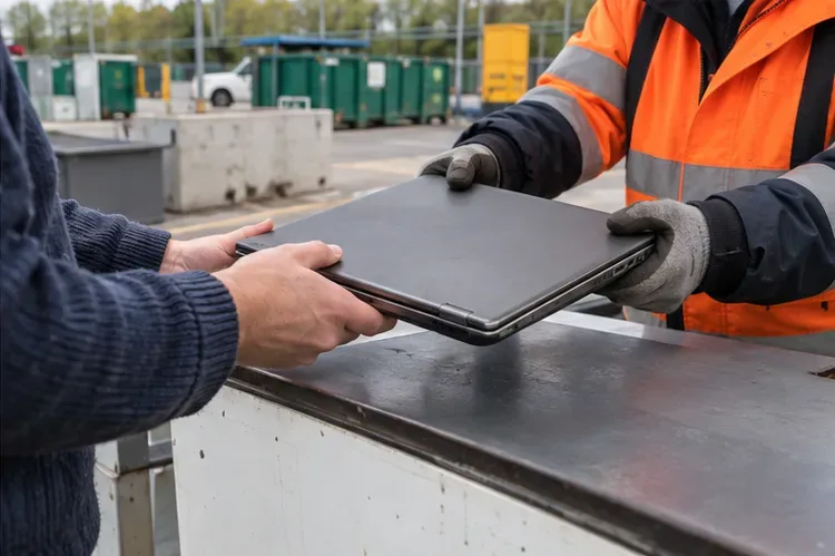 Een persoon overhandigt een gesloten laptop aan een medewerker met handschoenen bij een neutraal afvaldepot.