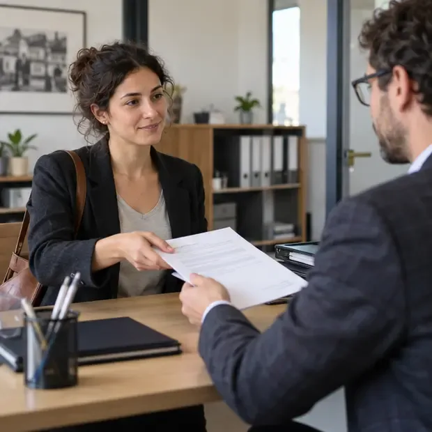 Una lavoratrice consegna al responsabile un documento relativo all’assenza dal lavoro in un ufficio