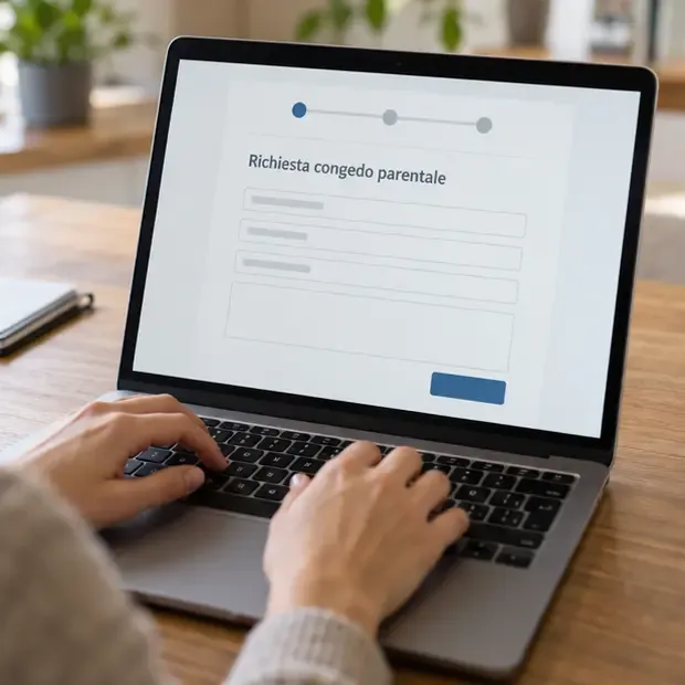 Un genitore compila al computer una richiesta online di congedo parentale senza inserire dati personali visibili