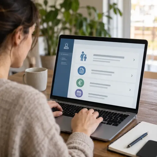 Una lavoratrice consulta su un computer un’area digitale con informazioni su famiglia, documenti, importi e calendario