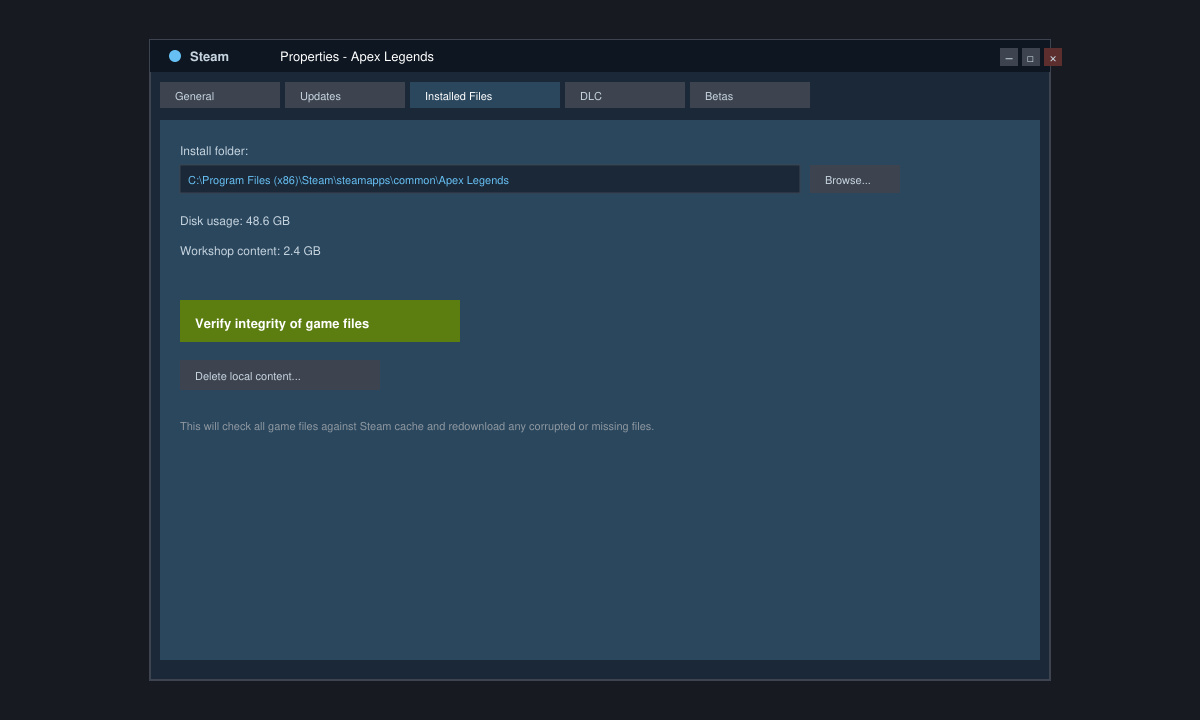 Steam Properties window open with the Installed Files tab and Verify integrity button highlighted
