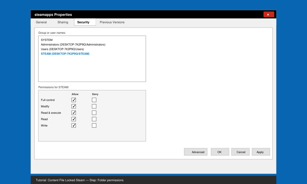 Windows folder Properties Security tab displaying Full control permissions for the Steam library directory