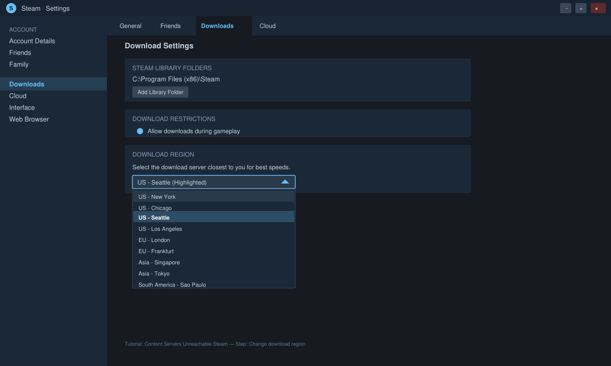 Steam Settings window open on the Downloads tab with the Download Region dropdown highlighted