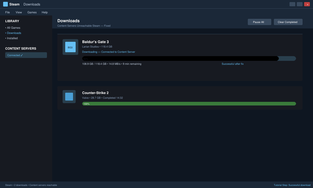 Steam client after changing download region and successfully starting a game download