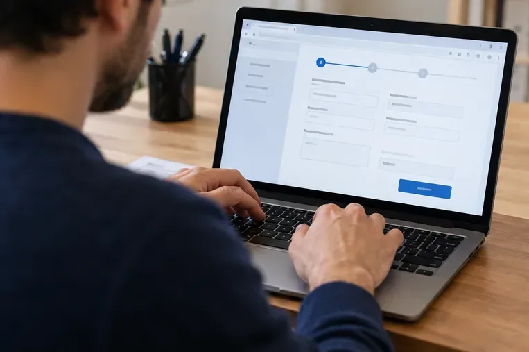 Persona che compila sul computer un modulo online amministrativo con più campi e una procedura a passaggi