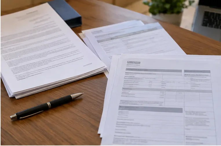 Documenti di lavoro e prospetti amministrativi ordinati su una scrivania accanto a una penna