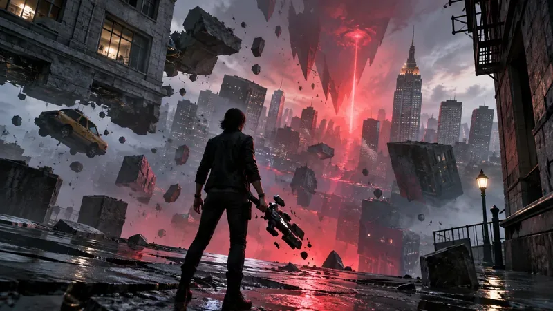 A lone figure faces a warped Manhattan skyline with floating debris, tilted buildings, and a red paranormal rift