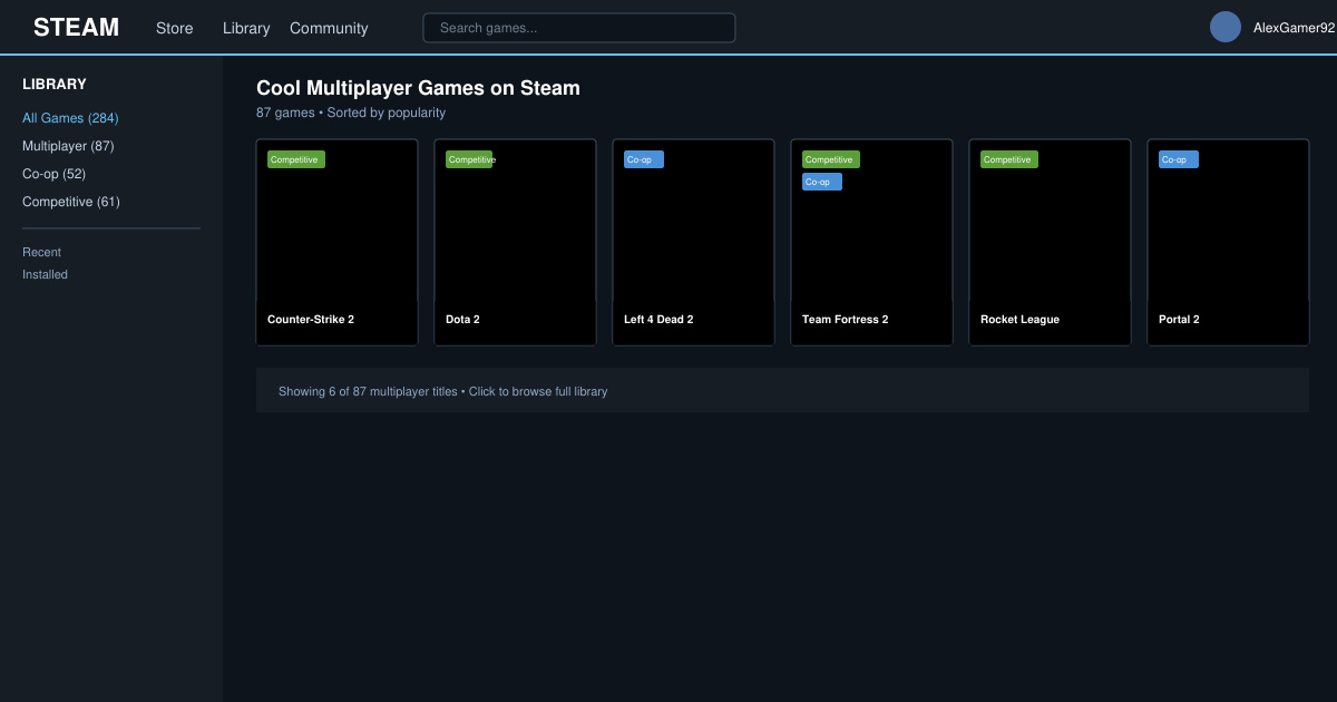 Hero image showing a Steam library screen with several multiplayer game covers highlighted, including action and co-op titles