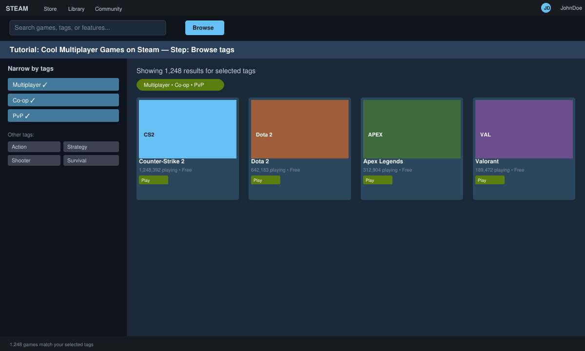 Screenshot of Steam Store page with multiplayer tags applied and game list displayed