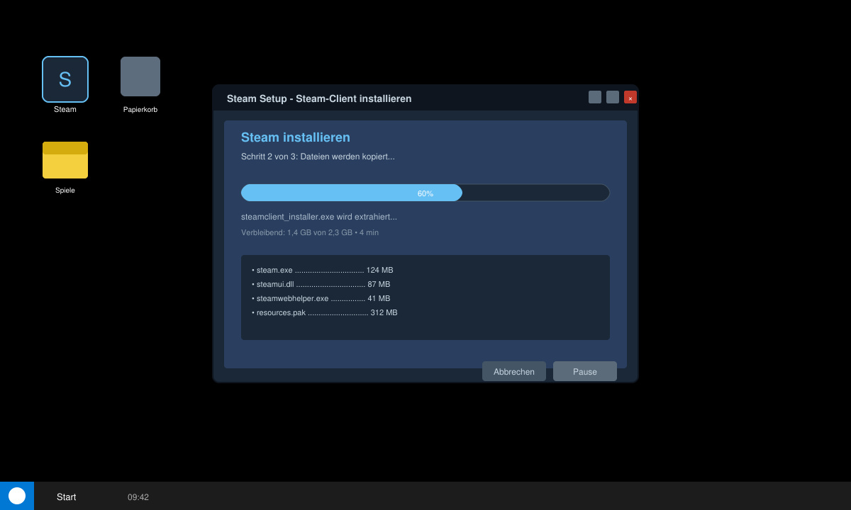 Steam-Download-Button und Installationsfenster auf dem Desktop