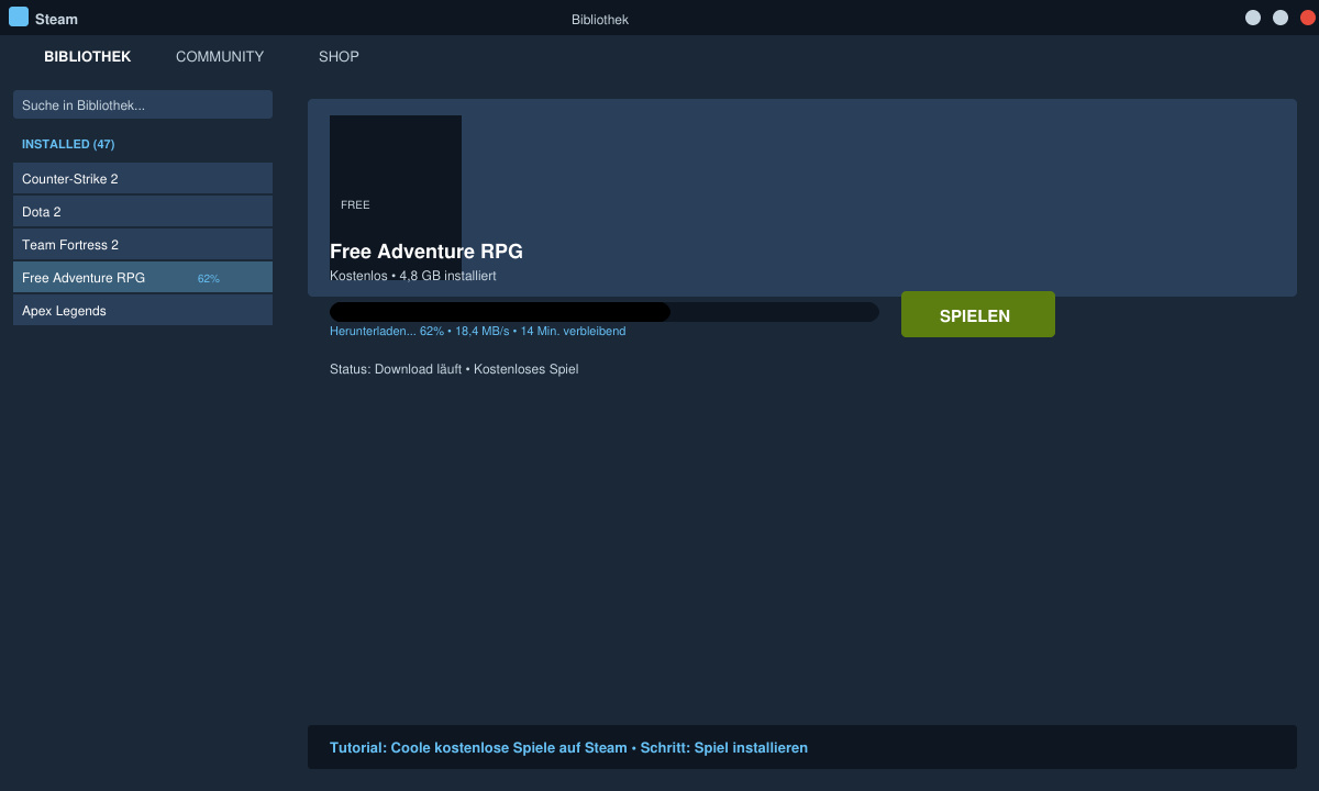 Installationsfortschritt eines Free-to-Play-Spiels in der Steam-Bibliothek