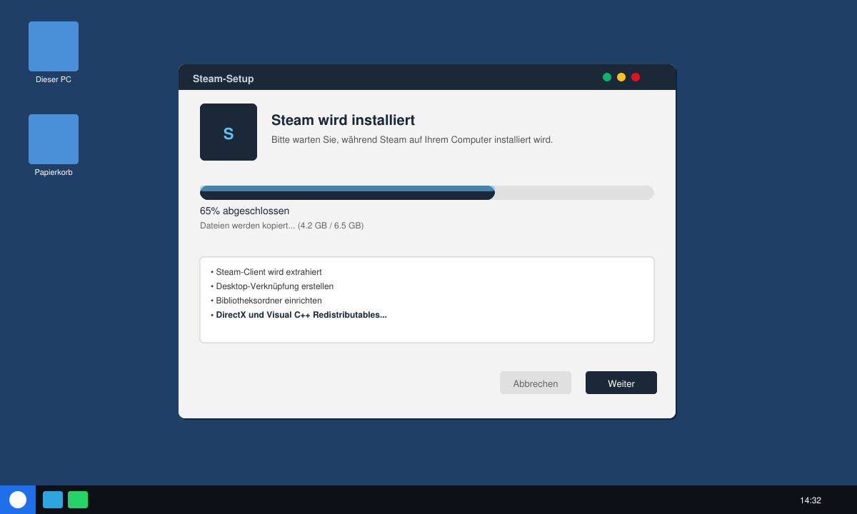 Steam-Client-Installationsfenster auf dem Desktop