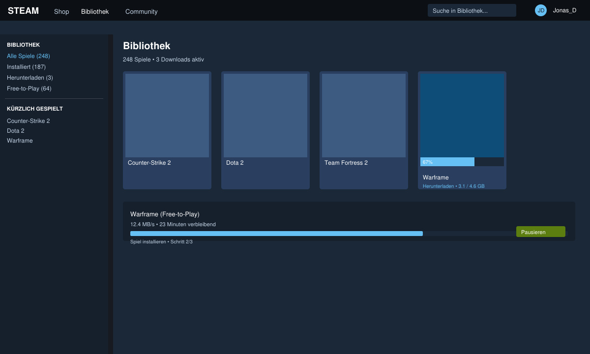 Installationsfortschritt eines Free-to-Play-Spiels in der Steam-Bibliothek