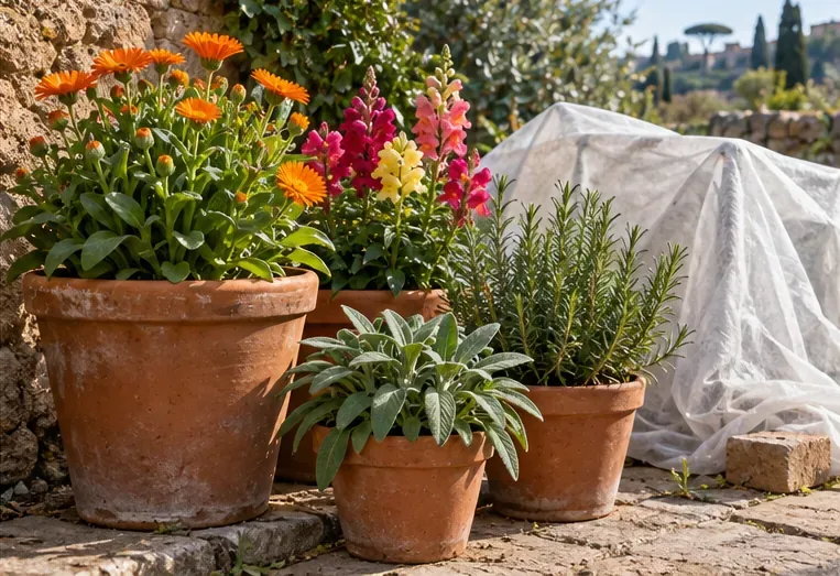 Vasi di calendule, bocche di leone, rosmarino e salvia accanto a un telo traspirante di protezione.