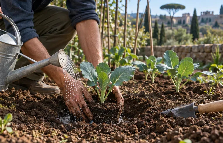 Una piantina di cavolo viene sistemata nel terreno e annaffiata con un innaffiatoio a rosa.