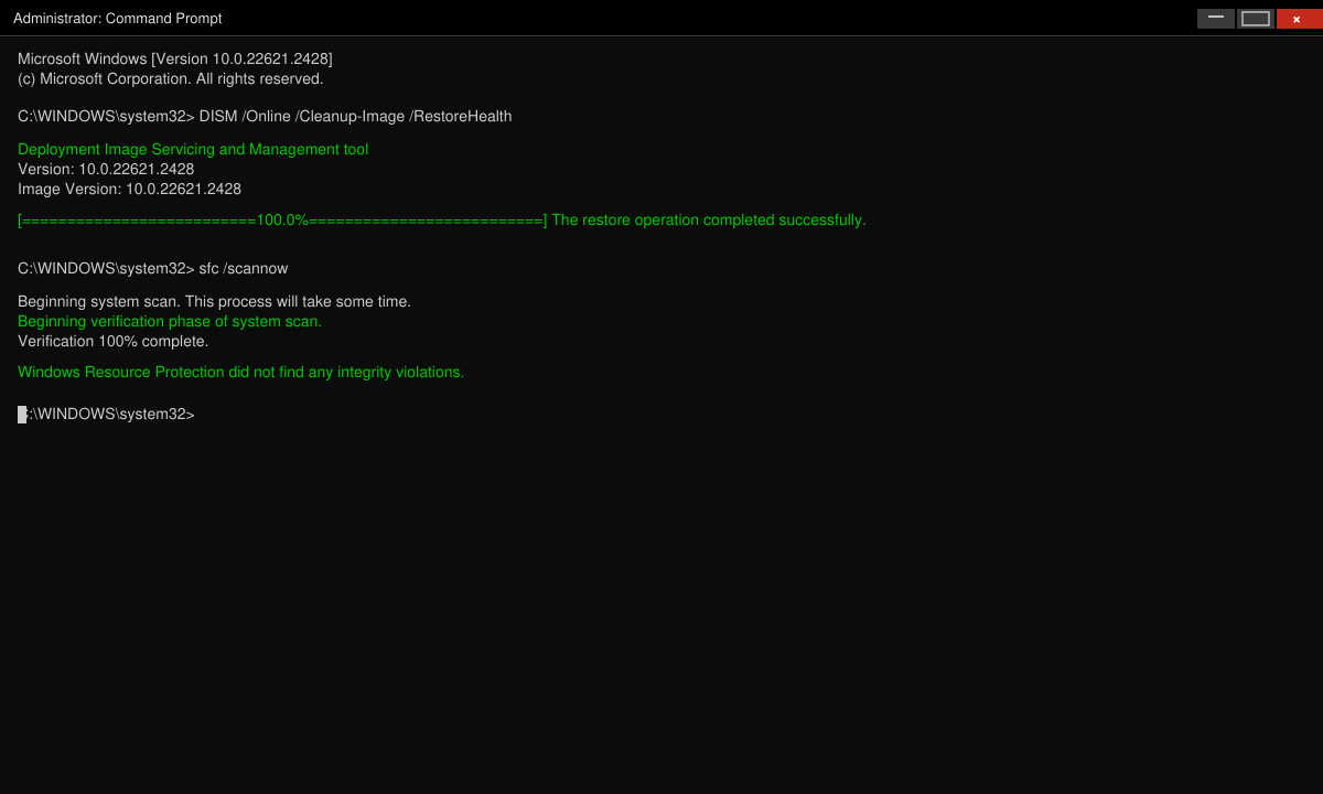 Command Prompt window running the DISM and SFC commands on a Windows 11 PC