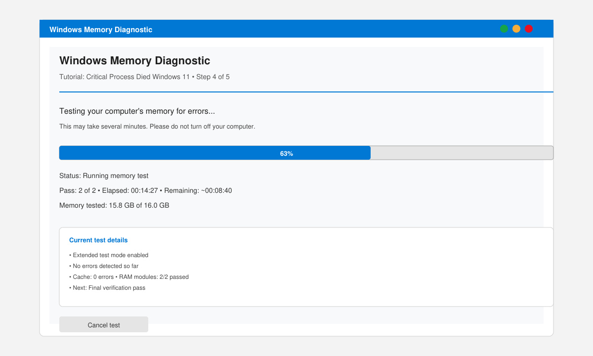 Windows Memory Diagnostic tool running a RAM test on a Windows 11 system