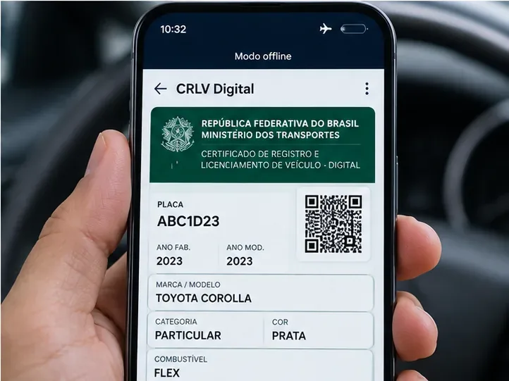 Celular exibindo um CRLV Digital com dados do veículo e indicação de acesso offline