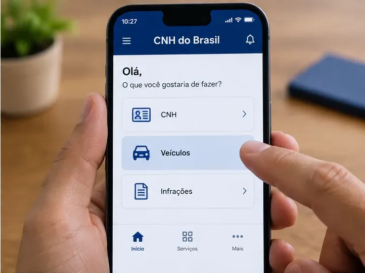 Celular exibindo a área de veículos dentro de um aplicativo de documentos de trânsito