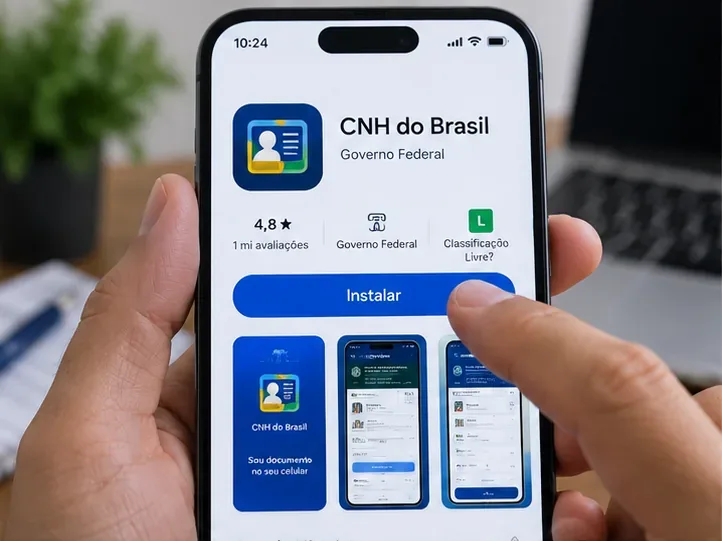 Celular mostrando a instalação do aplicativo CNH do Brasil, usado para acessar documentos digitais de trânsito
