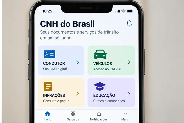 Tela de referência da CNH do Brasil com cartões de Condutor, Veículos, Infrações e Educação
